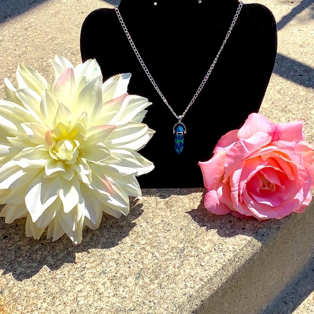 Handmade Necklace With a green and blue stone on a silver plated chain
